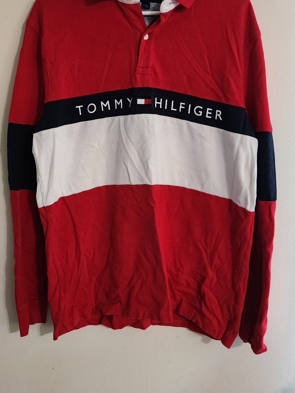 Tommy Hilfiger Red, White, & Blue Long Sleeve Rugby Polo Shirt Size L
